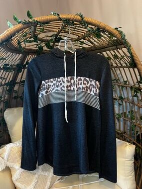 Lovely Melody Charcoal Hooded Pullover with Leopard and Stripe Panel